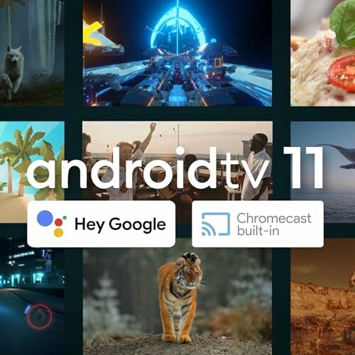 Collage showcasing Android TV 11 features with Google Assistant and Chromecast logos.