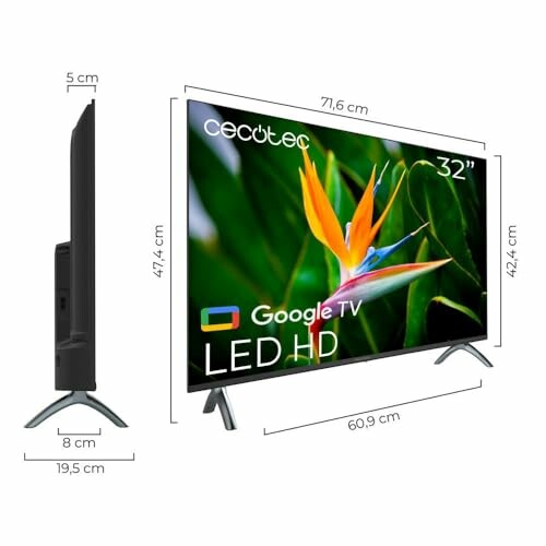 Cecotec 32-inch LED HD TV with dimensions and side view.