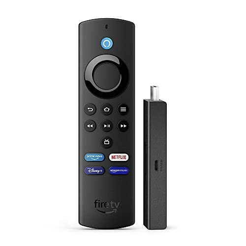 Fire TV stick and remote control with streaming service buttons.