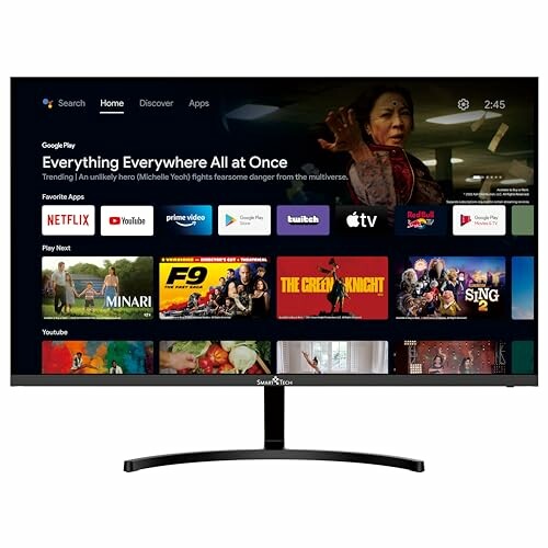 Smart TV displaying home screen with streaming apps.